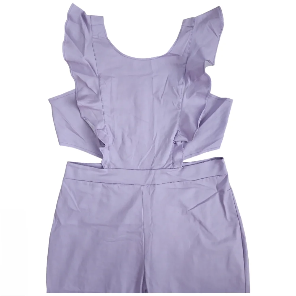 Women's Flutter Ruffle Trim Cutout Waist Jumpsuit Lavender
